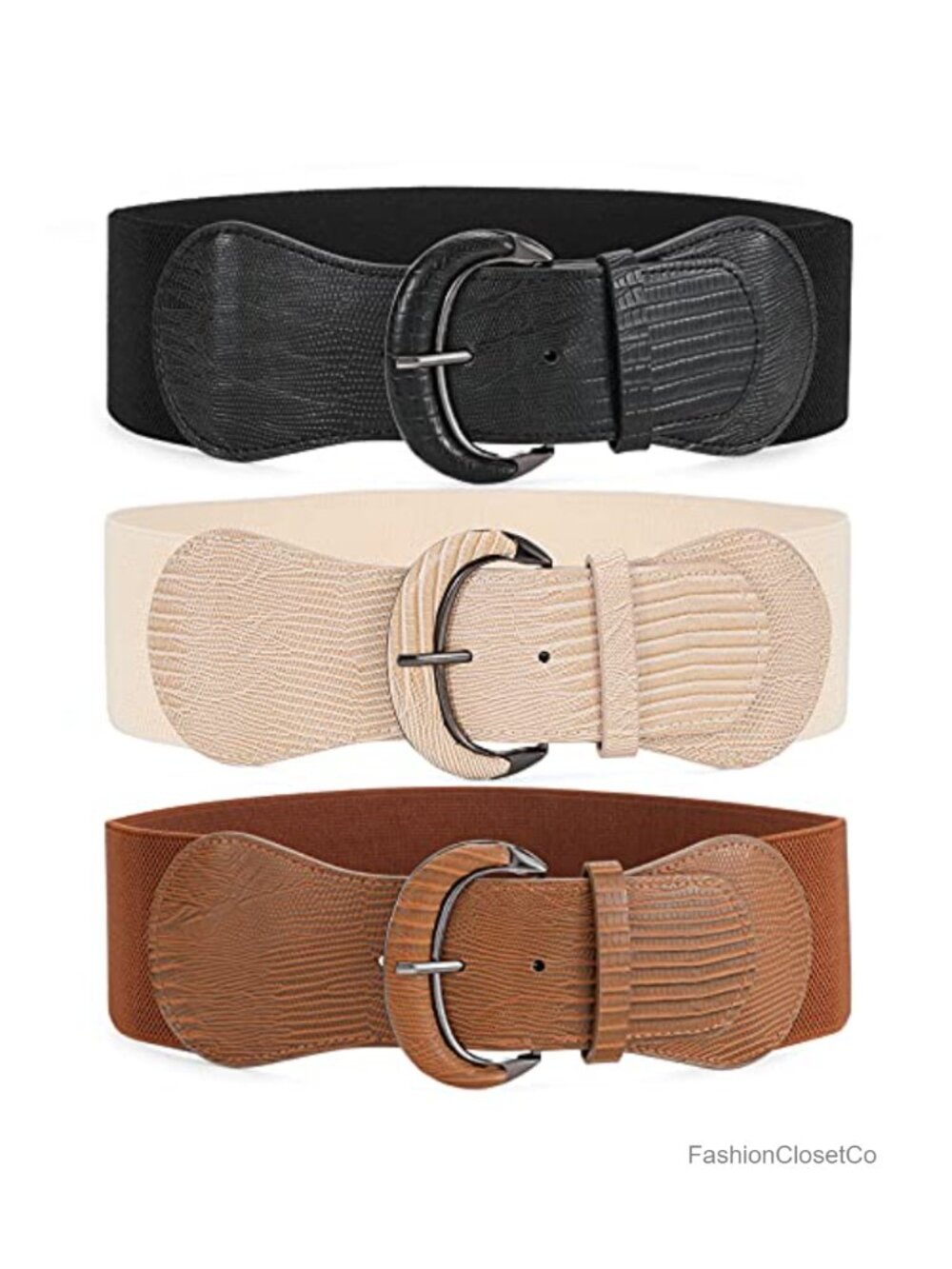 3 Pack Women Wide Stretchy Waist Belt Elastic Faux Leather Hook Buckle Vintage